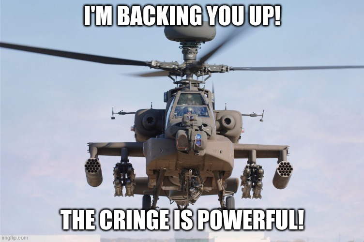 apache helicopter gender | I'M BACKING YOU UP! THE CRINGE IS POWERFUL! | image tagged in apache helicopter gender | made w/ Imgflip meme maker