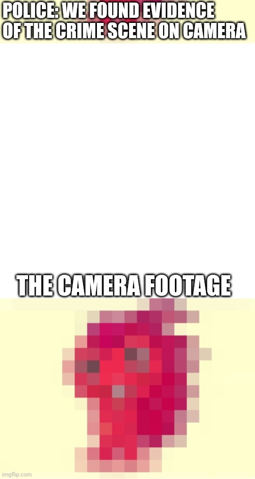 POLICE: WE FOUND EVIDENCE OF THE CRIME SCENE ON CAMERA; THE CAMERA FOOTAGE | image tagged in memes,blank transparent square | made w/ Imgflip meme maker