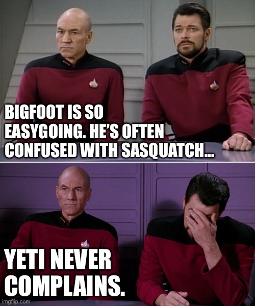 Bigfoot | BIGFOOT IS SO EASYGOING. HE’S OFTEN CONFUSED WITH SASQUATCH…; YETI NEVER COMPLAINS. | image tagged in picard riker listening to a pun | made w/ Imgflip meme maker