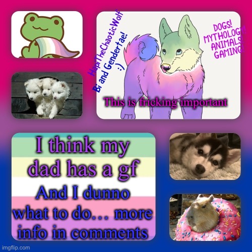 HELP ME | This is fricking important; I think my dad has a gf; And I dunno what to do… more info in comments | image tagged in hapithechaoticwolf s new background | made w/ Imgflip meme maker