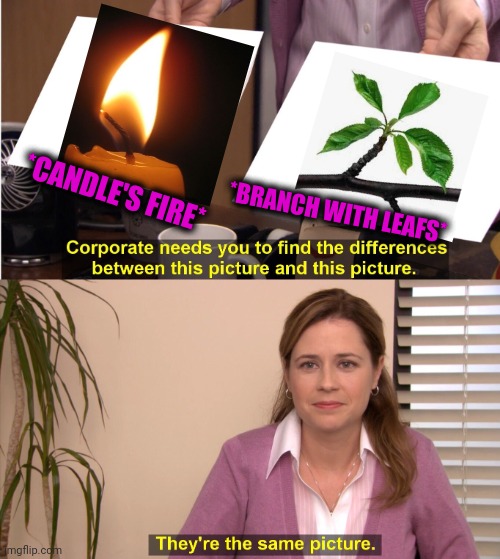 -Firing green. | *CANDLE'S FIRE*; *BRANCH WITH LEAFS* | image tagged in memes,they're the same picture,trees,leafs,love candle,fire alarm | made w/ Imgflip meme maker