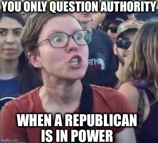 Angry Liberal | YOU ONLY QUESTION AUTHORITY WHEN A REPUBLICAN IS IN POWER | image tagged in angry liberal | made w/ Imgflip meme maker