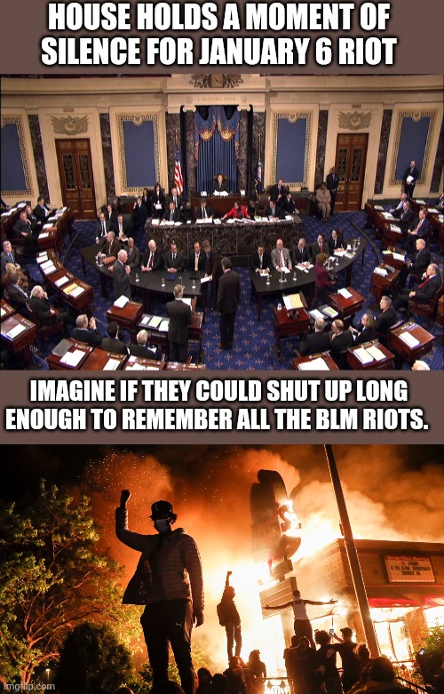 A 10 minute prayer vigil for a 4 hour riot should equate to 456 days of silence for all the Democrat riots | HOUSE HOLDS A MOMENT OF SILENCE FOR JANUARY 6 RIOT; IMAGINE IF THEY COULD SHUT UP LONG ENOUGH TO REMEMBER ALL THE BLM RIOTS. | image tagged in senate floor,blm riots | made w/ Imgflip meme maker