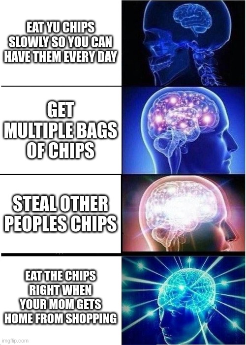 CHIPS! | EAT YU CHIPS SLOWLY SO YOU CAN HAVE THEM EVERY DAY; GET MULTIPLE BAGS OF CHIPS; STEAL OTHER PEOPLES CHIPS; EAT THE CHIPS RIGHT WHEN YOUR MOM GETS HOME FROM SHOPPING | image tagged in memes,expanding brain,fortnite,food,chips,sun chips | made w/ Imgflip meme maker
