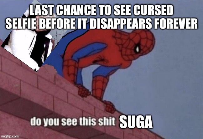 Suga Spiderman | LAST CHANCE TO SEE CURSED SELFIE BEFORE IT DISAPPEARS FOREVER | image tagged in suga spiderman | made w/ Imgflip meme maker