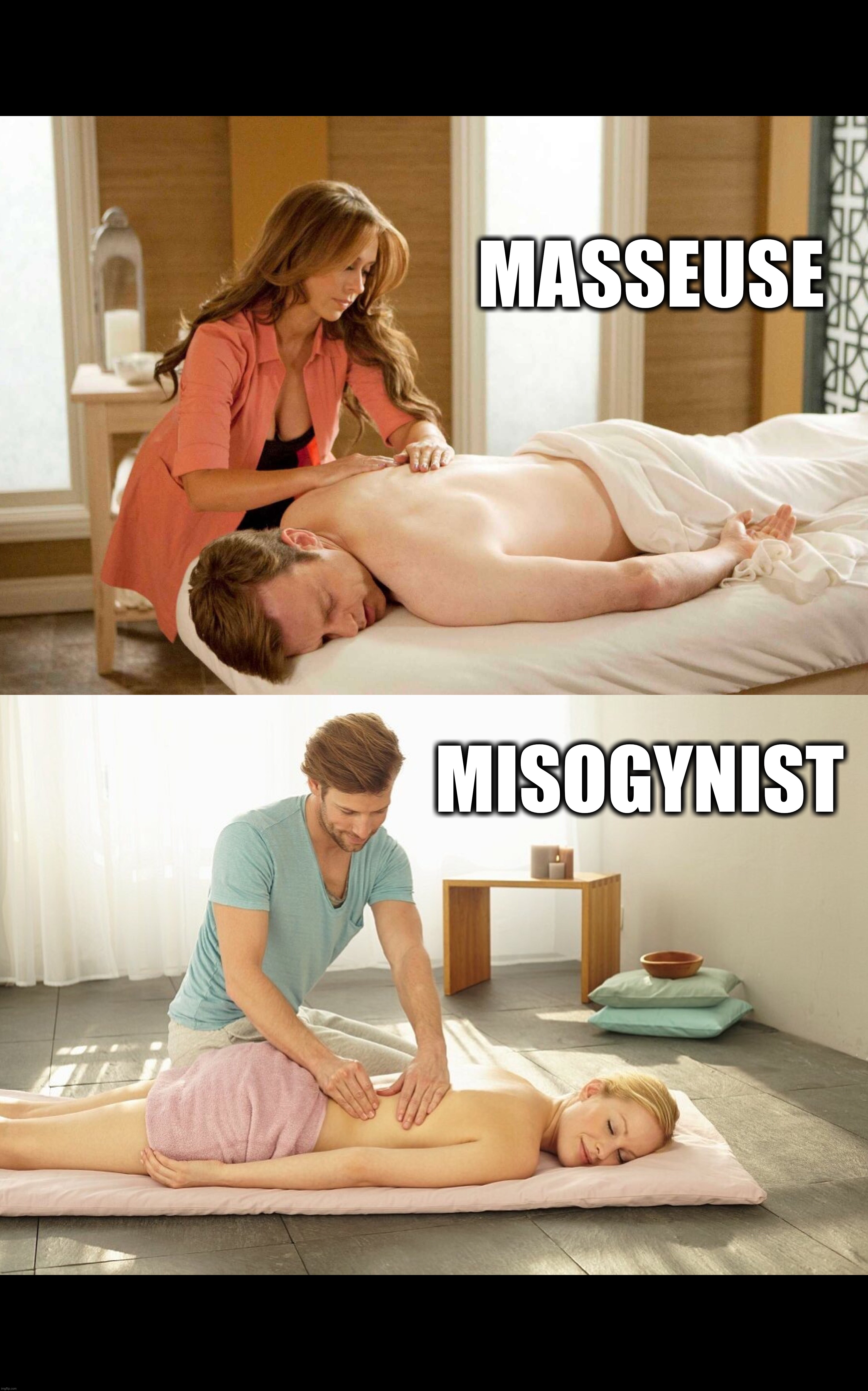 MASSEUSE; MISOGYNIST | image tagged in feminist,feminism,male feminist,memes | made w/ Imgflip meme maker
