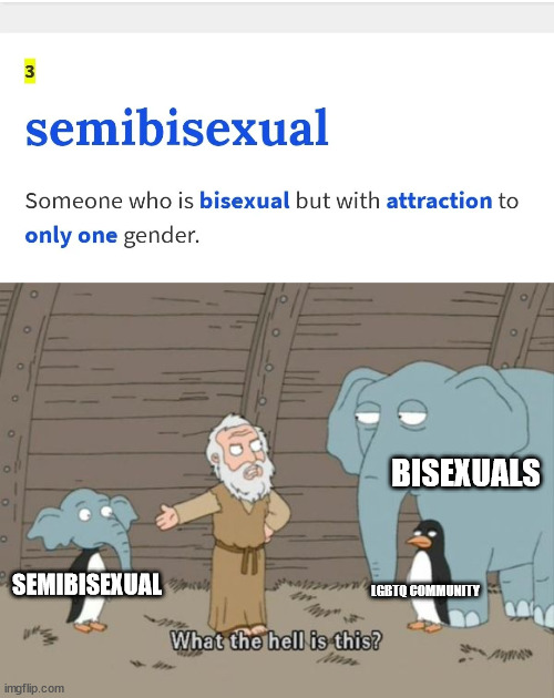 WTAF | BISEXUALS; LGBTQ COMMUNITY; SEMIBISEXUAL | image tagged in semibisexual,what the hell is this | made w/ Imgflip meme maker