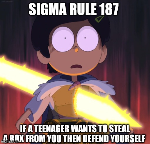 Amphibia sword | SIGMA RULE 187; IF A TEENAGER WANTS TO STEAL A BOX FROM YOU THEN DEFEND YOURSELF | image tagged in amphibia sword | made w/ Imgflip meme maker