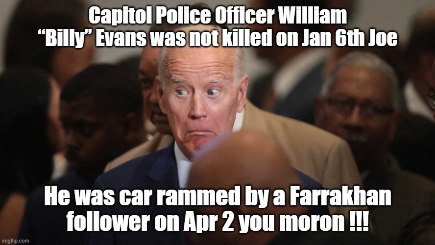 Let's Go Brandon! | Capitol Police Officer William “Billy” Evans was not killed on Jan 6th Joe; He was car rammed by a Farrakhan follower on Apr 2 you moron !!! | image tagged in joe biden spooked | made w/ Imgflip meme maker