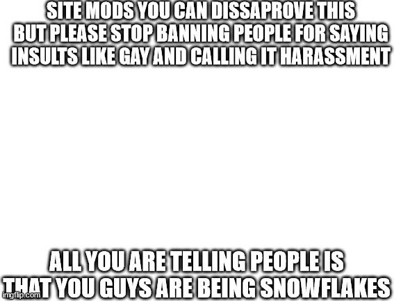 posting this in the fun stream, wish me luck | SITE MODS YOU CAN DISSAPROVE THIS BUT PLEASE STOP BANNING PEOPLE FOR SAYING INSULTS LIKE GAY AND CALLING IT HARASSMENT; ALL YOU ARE TELLING PEOPLE IS THAT YOU GUYS ARE BEING SNOWFLAKES | image tagged in blank white template | made w/ Imgflip meme maker