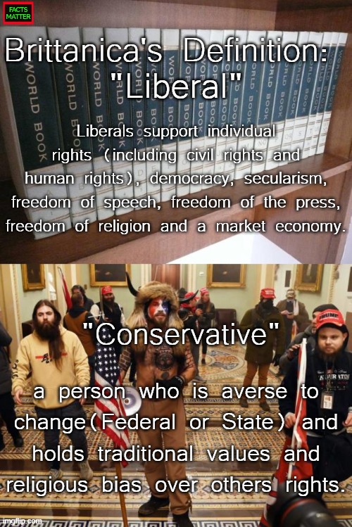 Historically defined politics | Brittanica's Definition:; "Liberal"; Liberals support individual rights (including civil rights and human rights), democracy, secularism, freedom of speech, freedom of the press, freedom of religion and a market economy. "Conservative"; a person who is averse to change(Federal or State) and holds traditional values and religious bias over others rights. | image tagged in world book encyclopedia,conservatives,democracy,liberal,january 6 2021,insurection | made w/ Imgflip meme maker