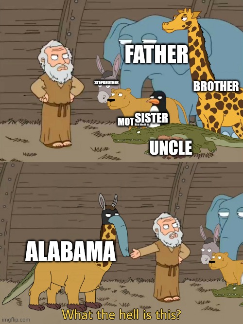 Family guy Noah | FATHER; BROTHER; STEPBROTHER; MOTHER; SISTER; UNCLE; ALABAMA | image tagged in family guy noah | made w/ Imgflip meme maker