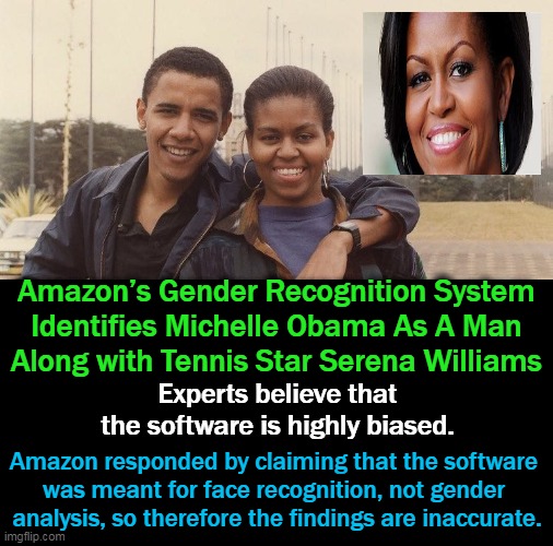 Isn't It All About How She/He "Identifies" Anyway? | Amazon’s Gender Recognition System 
Identifies Michelle Obama As A Man 
Along with Tennis Star Serena Williams; Experts believe that the software is highly biased. Amazon responded by claiming that the software 
was meant for face recognition, not gender 
analysis, so therefore the findings are inaccurate. | image tagged in politics,amazon,michelle obama,face recognition,serena williams | made w/ Imgflip meme maker
