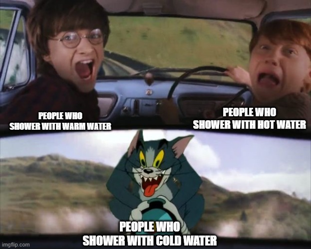 water | PEOPLE WHO SHOWER WITH HOT WATER; PEOPLE WHO SHOWER WITH WARM WATER; PEOPLE WHO SHOWER WITH COLD WATER | image tagged in tom chasing harry and ron weasly,funny,memes | made w/ Imgflip meme maker
