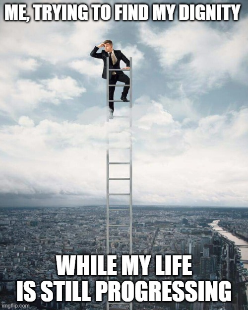 Man on really tall ladder | ME, TRYING TO FIND MY DIGNITY; WHILE MY LIFE IS STILL PROGRESSING | image tagged in man on really tall ladder | made w/ Imgflip meme maker