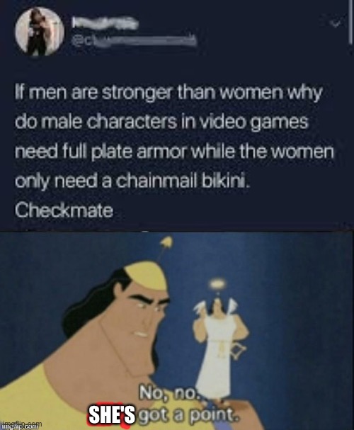 Checkmate | SHE'S | image tagged in no no hes got a point,misogyny,video games,women | made w/ Imgflip meme maker