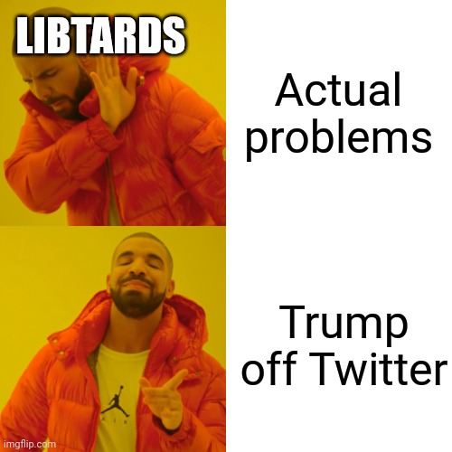 Image Title | LIBTARDS; Actual problems; Trump off Twitter | image tagged in memes,drake hotline bling | made w/ Imgflip meme maker