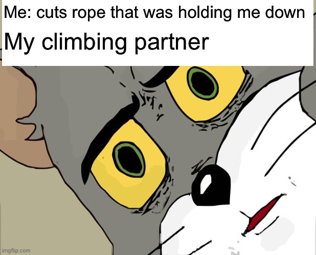 *fun and creative title | Me: cuts rope that was holding me down; My climbing partner | image tagged in memes,unsettled tom | made w/ Imgflip meme maker