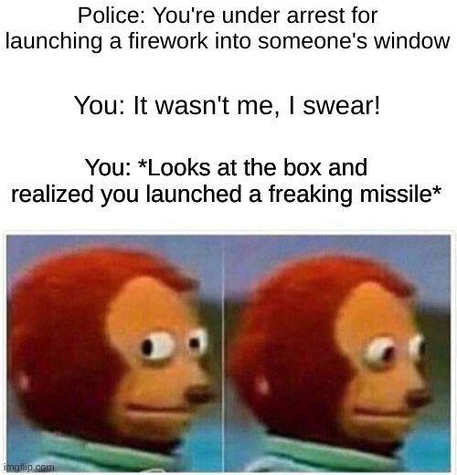 Monkey Puppet Meme | Police: You're under arrest for launching a firework into someone's window You: It wasn't me, I swear! You: *Looks at the box and realized y | image tagged in memes,monkey puppet | made w/ Imgflip meme maker
