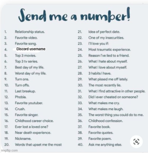 Send me a number | Discord username | image tagged in send me a number | made w/ Imgflip meme maker