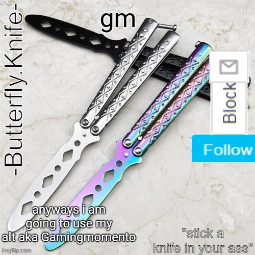 Butterfly.Knife temp | gm; anyways i am going to use my alt aka Gamingmomento | image tagged in butterfly knife temp | made w/ Imgflip meme maker