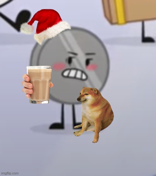 Nickel & Cheems drinking choccy milk on Christmas morning... - Inanimate Insanity | image tagged in inanimate insanity,cheems | made w/ Imgflip meme maker