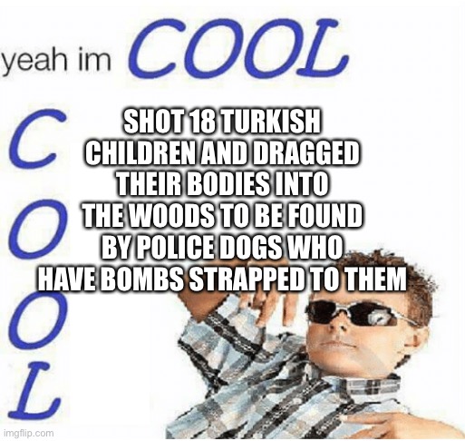 So cool ik | SHOT 18 TURKISH CHILDREN AND DRAGGED THEIR BODIES INTO THE WOODS TO BE FOUND BY POLICE DOGS WHO HAVE BOMBS STRAPPED TO THEM | image tagged in yeah im cool | made w/ Imgflip meme maker