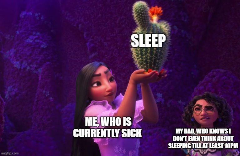 Its not even 8pm help | SLEEP; ME, WHO IS CURRENTLY SICK; MY DAD, WHO KNOWS I DON'T EVEN THINK ABOUT SLEEPING TILL AT LEAST 10PM | image tagged in mirabel and isabella | made w/ Imgflip meme maker