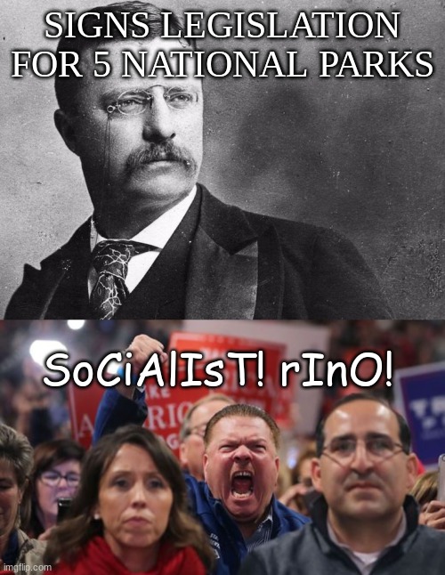 SIGNS LEGISLATION FOR 5 NATIONAL PARKS SoCiAlIsT! rInO! | image tagged in theodore roosevelt,angry trump voter | made w/ Imgflip meme maker