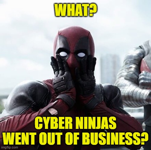 Too bad a Judge is still fining them $50k a day until they return public documents | WHAT? CYBER NINJAS WENT OUT OF BUSINESS? | image tagged in memes,deadpool surprised | made w/ Imgflip meme maker