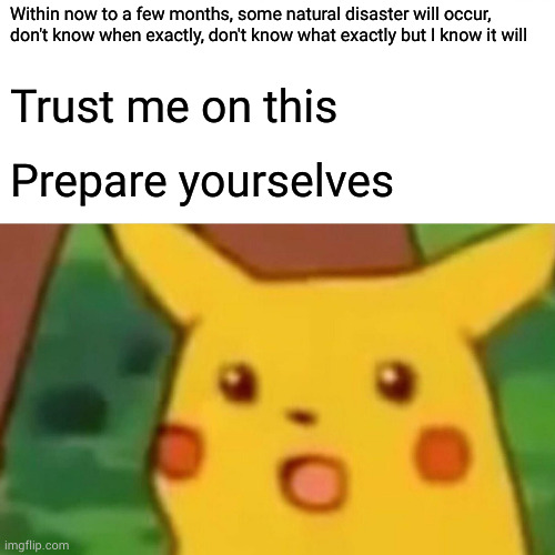 imagine I actually call it | Within now to a few months, some natural disaster will occur, don't know when exactly, don't know what exactly but I know it will; Trust me on this; Prepare yourselves | image tagged in memes,surprised pikachu | made w/ Imgflip meme maker