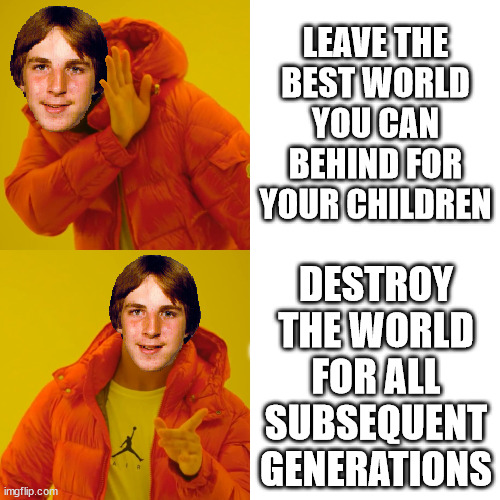 Definitely the admirable choice... | LEAVE THE
BEST WORLD
YOU CAN
BEHIND FOR
YOUR CHILDREN; DESTROY
THE WORLD
FOR ALL
SUBSEQUENT
GENERATIONS | image tagged in baby boomers,scumbag baby boomers,boomers,old economy steve,drake hotline bling,drake hotling bling old economy steve | made w/ Imgflip meme maker