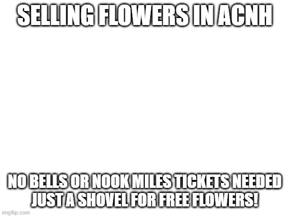 acnh stream needed lol | SELLING FLOWERS IN ACNH; NO BELLS OR NOOK MILES TICKETS NEEDED
JUST A SHOVEL FOR FREE FLOWERS! | image tagged in blank white template | made w/ Imgflip meme maker