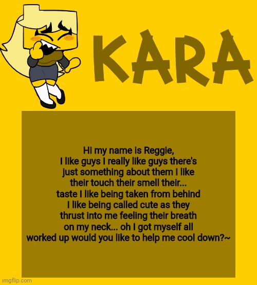 Kara's Meri temp | Hi my name is Reggie, I like guys I really like guys there's just something about them I like their touch their smell their... taste I like being taken from behind I like being called cute as they thrust into me feeling their breath on my neck... oh I got myself all worked up would you like to help me cool down?~ | image tagged in kara's meri temp | made w/ Imgflip meme maker