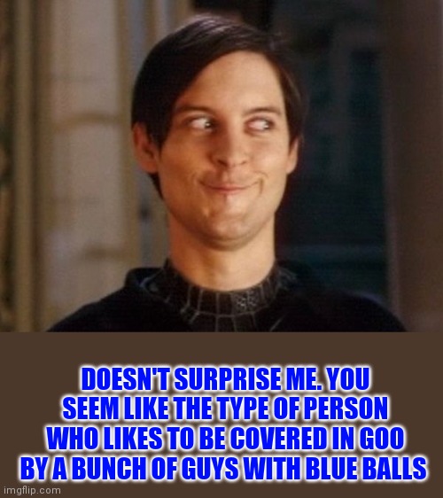 DOESN'T SURPRISE ME. YOU SEEM LIKE THE TYPE OF PERSON WHO LIKES TO BE COVERED IN GOO BY A BUNCH OF GUYS WITH BLUE BALLS | made w/ Imgflip meme maker
