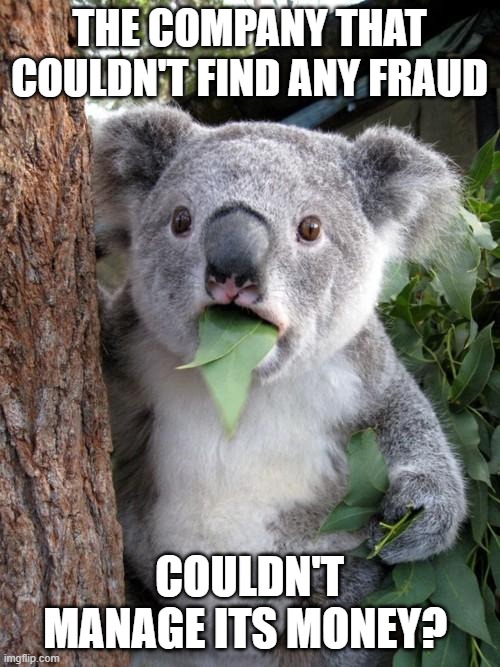 Surprised Koala Meme | THE COMPANY THAT COULDN'T FIND ANY FRAUD COULDN'T MANAGE ITS MONEY? | image tagged in memes,surprised koala | made w/ Imgflip meme maker