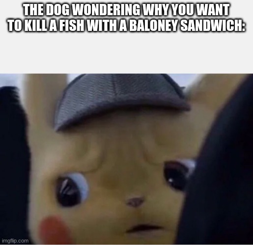 Detective Pikachu | THE DOG WONDERING WHY YOU WANT TO KILL A FISH WITH A BALONEY SANDWICH: | image tagged in detective pikachu | made w/ Imgflip meme maker