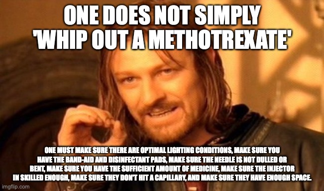 when on methotrexate for 5-6 years, you learn things | ONE DOES NOT SIMPLY 'WHIP OUT A METHOTREXATE'; ONE MUST MAKE SURE THERE ARE OPTIMAL LIGHTING CONDITIONS, MAKE SURE YOU HAVE THE BAND-AID AND DISINFECTANT PADS, MAKE SURE THE NEEDLE IS NOT DULLED OR BENT, MAKE SURE YOU HAVE THE SUFFICIENT AMOUNT OF MEDICINE, MAKE SURE THE INJECTOR IN SKILLED ENOUGH, MAKE SURE THEY DON'T HIT A CAPILLARY, AND MAKE SURE THEY HAVE ENOUGH SPACE. | image tagged in memes,one does not simply | made w/ Imgflip meme maker