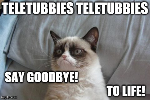 Grumpy Cat Bed | TELETUBBIES TELETUBBIES SAY GOODBYE!                                                                         TO LIFE! | image tagged in memes,grumpy cat | made w/ Imgflip meme maker
