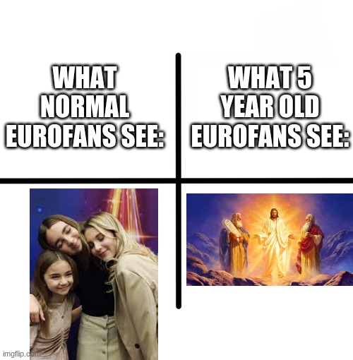 Carla, Valentina, Angélina= Jesus, Moses and Elijah | WHAT 5 YEAR OLD EUROFANS SEE:; WHAT NORMAL EUROFANS SEE: | image tagged in memes,blank starter pack,eurovision,jesus christ,moses | made w/ Imgflip meme maker
