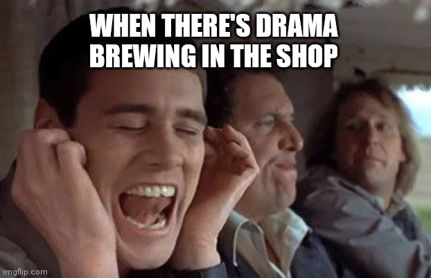 No drama mama | WHEN THERE'S DRAMA BREWING IN THE SHOP | image tagged in dumb and dumber plugging ears,drama,shop,owner,employee,petty | made w/ Imgflip meme maker