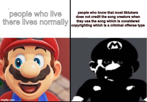 its true and im not even kidding anymore |  people who know that most tiktokers does not credit the song creators when they use the song which is considered copyrighting which is a criminal offense type; people who live there lives normally | image tagged in happy mario vs dark mario,tiktok,reality is often dissapointing,im not even joking anymore,stop reading the tags | made w/ Imgflip meme maker