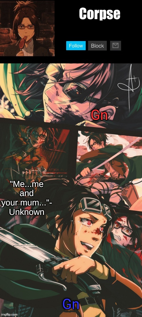 Hanji my beloved | Gn; Gn | image tagged in hanji my beloved | made w/ Imgflip meme maker