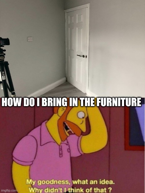 door doesnt open well enough | HOW DO I BRING IN THE FURNITURE | image tagged in haha yes | made w/ Imgflip meme maker