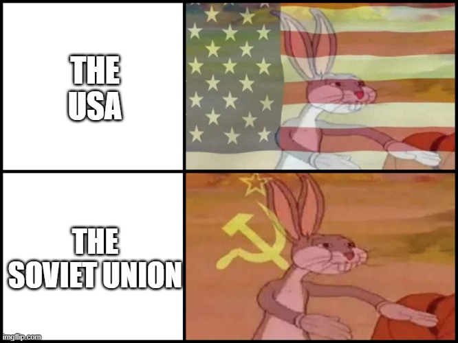 Mod note: wow so clever | THE USA; THE SOVIET UNION | image tagged in capitalist and communist | made w/ Imgflip meme maker