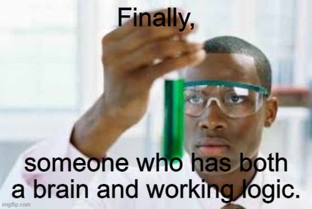 FINALLY | Finally, someone who has both a brain and working logic. | image tagged in finally | made w/ Imgflip meme maker