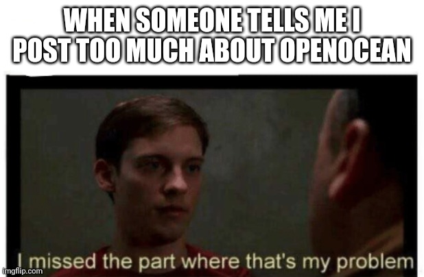 I missed the part where that's my problem. | WHEN SOMEONE TELLS ME I POST TOO MUCH ABOUT OPENOCEAN | image tagged in i missed the part where that's my problem | made w/ Imgflip meme maker
