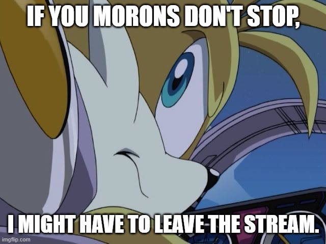 Mad tails | IF YOU MORONS DON'T STOP, I MIGHT HAVE TO LEAVE THE STREAM. | image tagged in mad tails | made w/ Imgflip meme maker