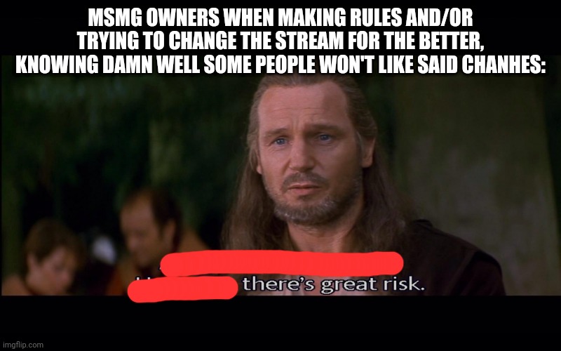 A well conceived plan however there's great risk | MSMG OWNERS WHEN MAKING RULES AND/OR TRYING TO CHANGE THE STREAM FOR THE BETTER, KNOWING DAMN WELL SOME PEOPLE WON'T LIKE SAID CHANHES: | image tagged in a well conceived plan however there's great risk | made w/ Imgflip meme maker