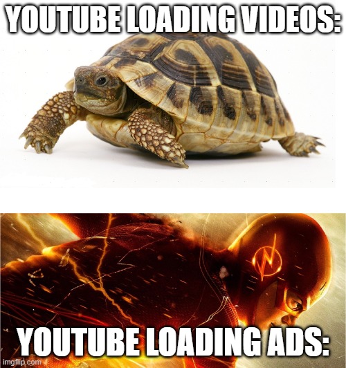 Only money, no entertainment | YOUTUBE LOADING VIDEOS:; YOUTUBE LOADING ADS: | image tagged in slow vs fast meme | made w/ Imgflip meme maker